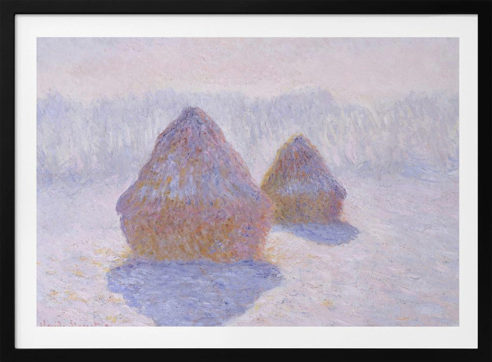 An impressionist painting by Claude Monet titled 'Haystacks,' showing two large, conical haystacks in a snowy field. The scene is bathed in a soft, hazy light, with pinks and oranges on the sunlit side of the haystacks and long, purple shadows cast across the lavender and white snow. The artwork is presented in a simple silver frame. Wall Art