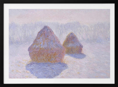 An impressionist painting by Claude Monet titled 'Haystacks,' showing two large, conical haystacks in a snowy field. The scene is bathed in a soft, hazy light, with pinks and oranges on the sunlit side of the haystacks and long, purple shadows cast across the lavender and white snow. The artwork is presented in a simple silver frame. Wall Art
