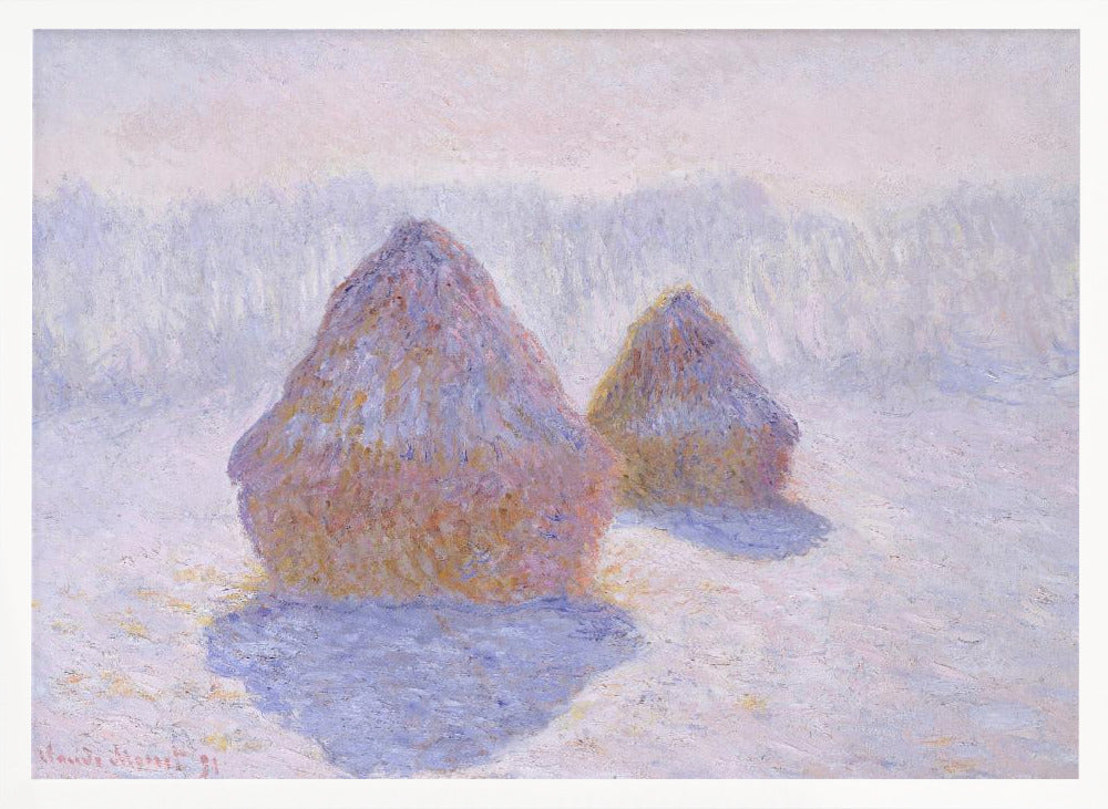 An impressionist painting by Claude Monet titled 'Haystacks,' showing two large, conical haystacks in a snowy field. The scene is bathed in a soft, hazy light, with pinks and oranges on the sunlit side of the haystacks and long, purple shadows cast across the lavender and white snow. The artwork is presented in a simple silver frame. Wall Art