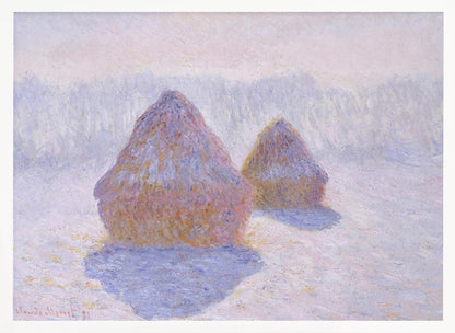 An impressionist painting by Claude Monet titled 'Haystacks,' showing two large, conical haystacks in a snowy field. The scene is bathed in a soft, hazy light, with pinks and oranges on the sunlit side of the haystacks and long, purple shadows cast across the lavender and white snow. The artwork is presented in a simple silver frame. Wall Art