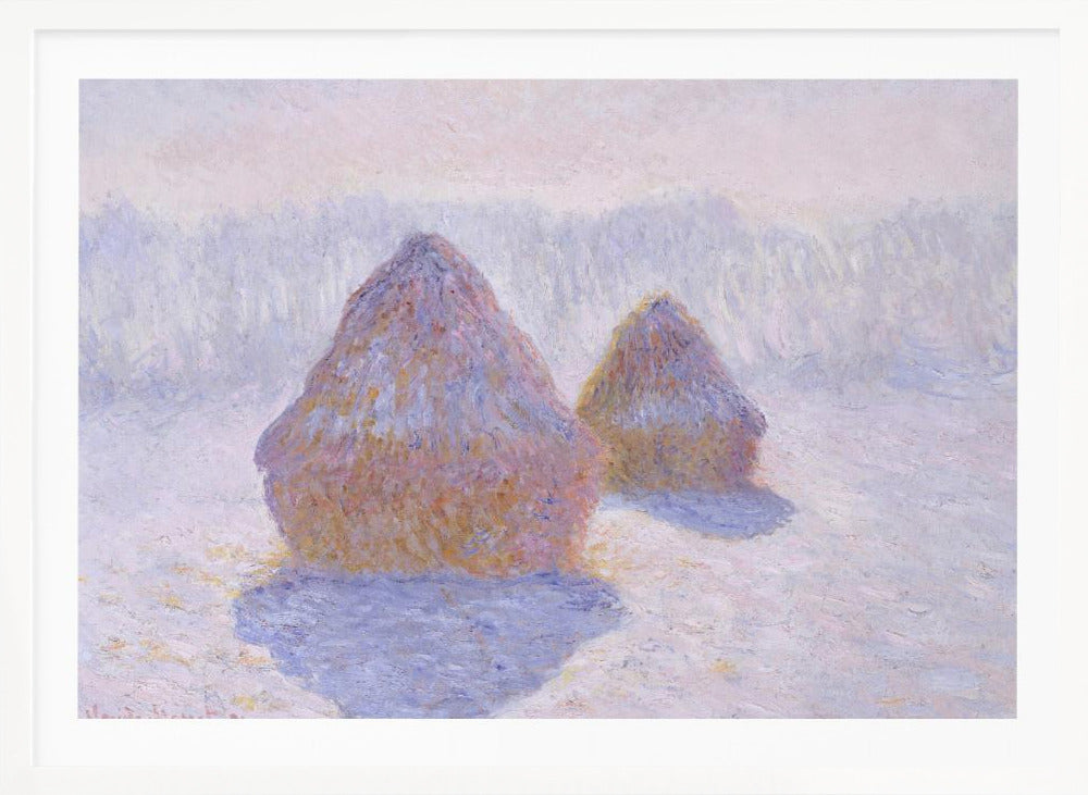 An impressionist painting by Claude Monet titled 'Haystacks,' showing two large, conical haystacks in a snowy field. The scene is bathed in a soft, hazy light, with pinks and oranges on the sunlit side of the haystacks and long, purple shadows cast across the lavender and white snow. The artwork is presented in a simple silver frame. Wall Art
