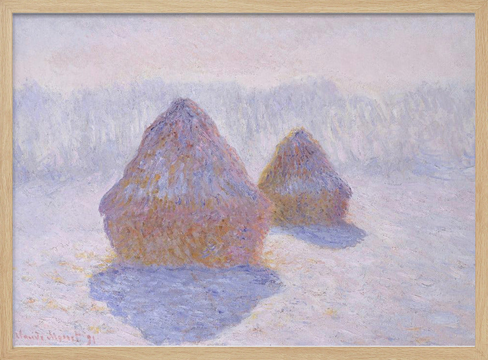 An impressionist painting by Claude Monet titled 'Haystacks,' showing two large, conical haystacks in a snowy field. The scene is bathed in a soft, hazy light, with pinks and oranges on the sunlit side of the haystacks and long, purple shadows cast across the lavender and white snow. The artwork is presented in a simple silver frame. Wall Art