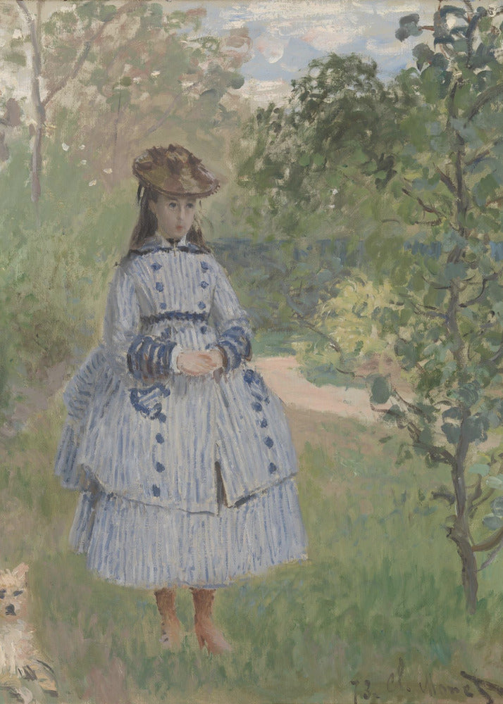 An Impressionist painting by Claude Monet titled 'Jeanne-Marguerite Lecadre in the Garden'. It depicts a young girl in a blue and white striped dress and a hat, standing in a lush, green garden with trees and a path in the background. The style features soft, visible brushstrokes. Poster