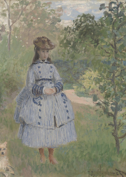 An Impressionist painting by Claude Monet titled 'Jeanne-Marguerite Lecadre in the Garden'. It depicts a young girl in a blue and white striped dress and a hat, standing in a lush, green garden with trees and a path in the background. The style features soft, visible brushstrokes. Poster