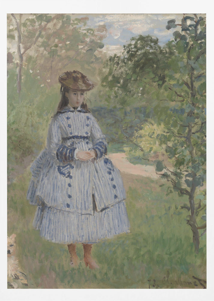 An Impressionist painting by Claude Monet titled 'Jeanne-Marguerite Lecadre in the Garden'. It depicts a young girl in a blue and white striped dress and a hat, standing in a lush, green garden with trees and a path in the background. The style features soft, visible brushstrokes. Poster