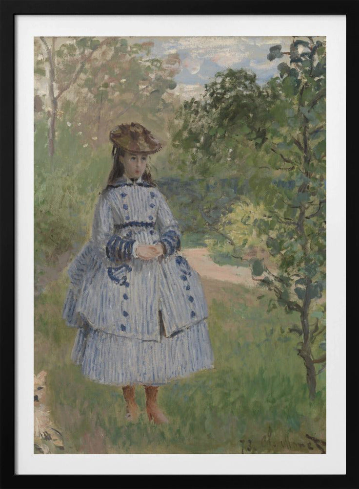 An Impressionist painting by Claude Monet titled 'Jeanne-Marguerite Lecadre in the Garden'. It depicts a young girl in a blue and white striped dress and a hat, standing in a lush, green garden with trees and a path in the background. The style features soft, visible brushstrokes. Poster