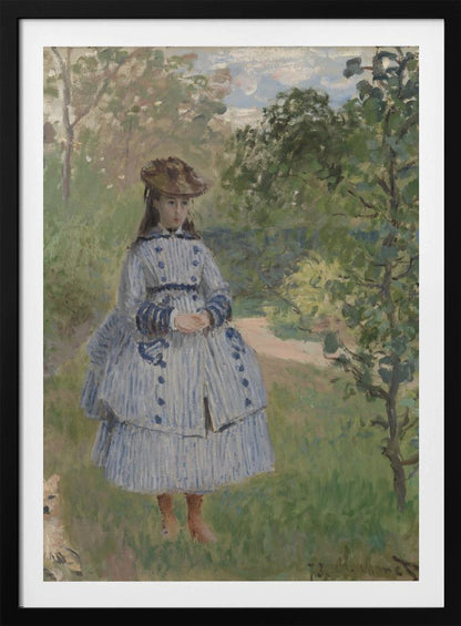 An Impressionist painting by Claude Monet titled 'Jeanne-Marguerite Lecadre in the Garden'. It depicts a young girl in a blue and white striped dress and a hat, standing in a lush, green garden with trees and a path in the background. The style features soft, visible brushstrokes. Poster