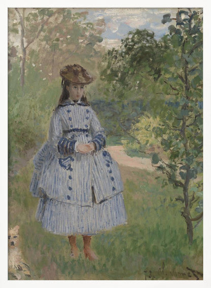An Impressionist painting by Claude Monet titled 'Jeanne-Marguerite Lecadre in the Garden'. It depicts a young girl in a blue and white striped dress and a hat, standing in a lush, green garden with trees and a path in the background. The style features soft, visible brushstrokes. Poster