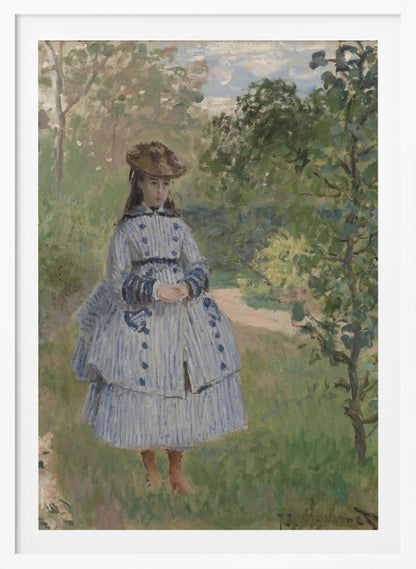 An Impressionist painting by Claude Monet titled 'Jeanne-Marguerite Lecadre in the Garden'. It depicts a young girl in a blue and white striped dress and a hat, standing in a lush, green garden with trees and a path in the background. The style features soft, visible brushstrokes. Poster