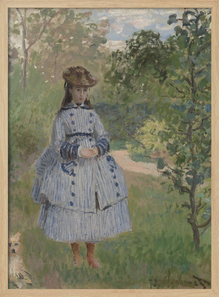 An Impressionist painting by Claude Monet titled 'Jeanne-Marguerite Lecadre in the Garden'. It depicts a young girl in a blue and white striped dress and a hat, standing in a lush, green garden with trees and a path in the background. The style features soft, visible brushstrokes. Poster