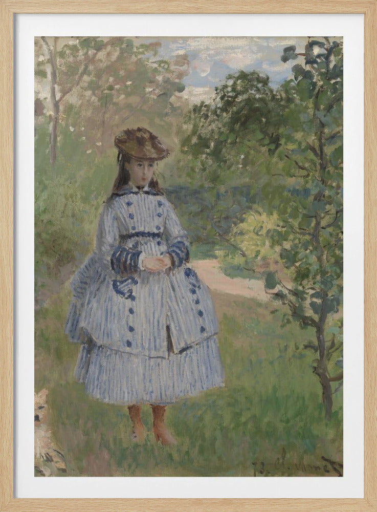 An Impressionist painting by Claude Monet titled 'Jeanne-Marguerite Lecadre in the Garden'. It depicts a young girl in a blue and white striped dress and a hat, standing in a lush, green garden with trees and a path in the background. The style features soft, visible brushstrokes. Poster