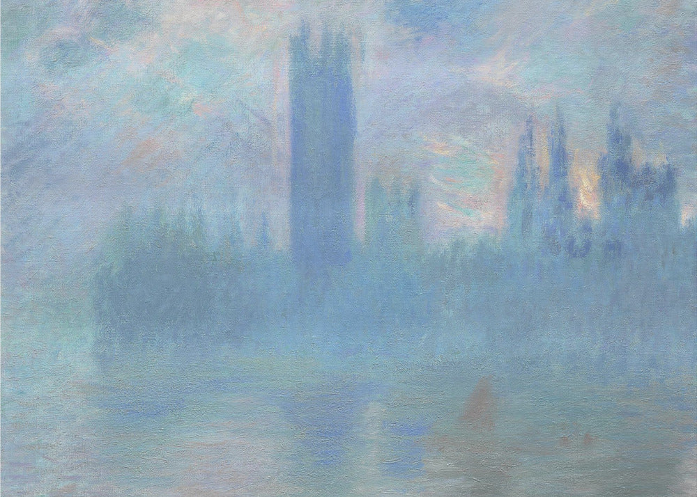 An impressionistic painting of the Houses of Parliament in London, shrouded in a dense blue and purple fog. The iconic Victoria Tower stands tall in the center, with the rest of the building's silhouette barely visible against a hazy sky with hints of sunrise. The scene is presented in a silver frame. Print