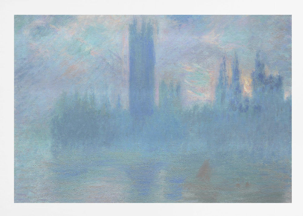 An impressionistic painting of the Houses of Parliament in London, shrouded in a dense blue and purple fog. The iconic Victoria Tower stands tall in the center, with the rest of the building's silhouette barely visible against a hazy sky with hints of sunrise. The scene is presented in a silver frame. Print