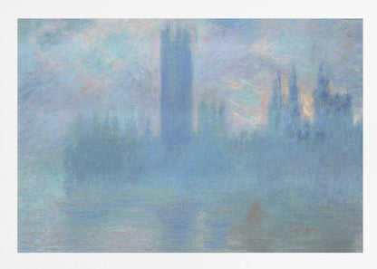 An impressionistic painting of the Houses of Parliament in London, shrouded in a dense blue and purple fog. The iconic Victoria Tower stands tall in the center, with the rest of the building's silhouette barely visible against a hazy sky with hints of sunrise. The scene is presented in a silver frame. Print