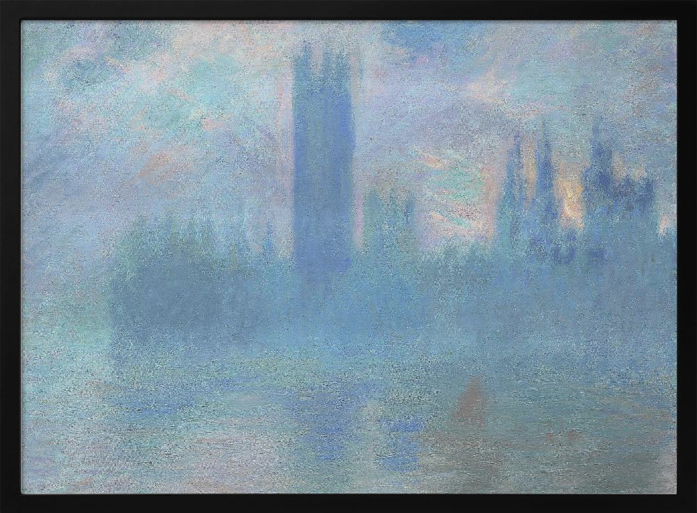 An impressionistic painting of the Houses of Parliament in London, shrouded in a dense blue and purple fog. The iconic Victoria Tower stands tall in the center, with the rest of the building's silhouette barely visible against a hazy sky with hints of sunrise. The scene is presented in a silver frame. Print