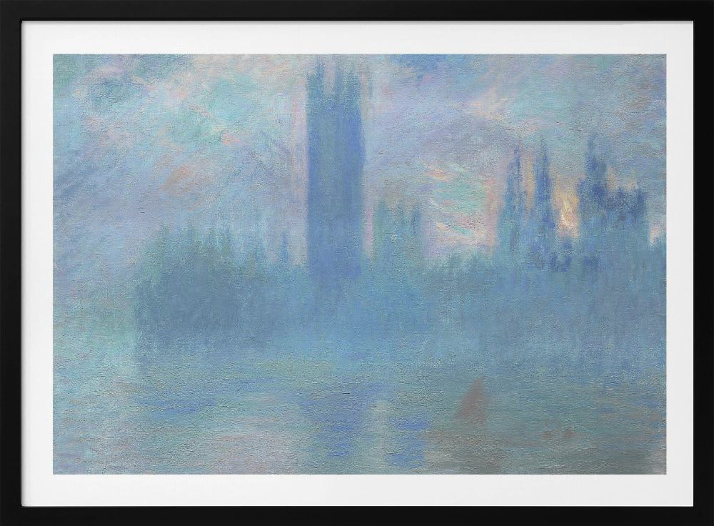 An impressionistic painting of the Houses of Parliament in London, shrouded in a dense blue and purple fog. The iconic Victoria Tower stands tall in the center, with the rest of the building's silhouette barely visible against a hazy sky with hints of sunrise. The scene is presented in a silver frame. Print
