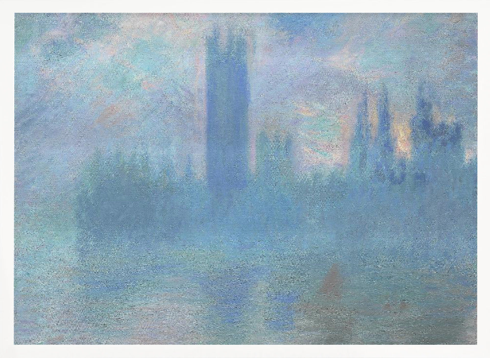 An impressionistic painting of the Houses of Parliament in London, shrouded in a dense blue and purple fog. The iconic Victoria Tower stands tall in the center, with the rest of the building's silhouette barely visible against a hazy sky with hints of sunrise. The scene is presented in a silver frame. Print