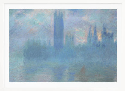 An impressionistic painting of the Houses of Parliament in London, shrouded in a dense blue and purple fog. The iconic Victoria Tower stands tall in the center, with the rest of the building's silhouette barely visible against a hazy sky with hints of sunrise. The scene is presented in a silver frame. Print