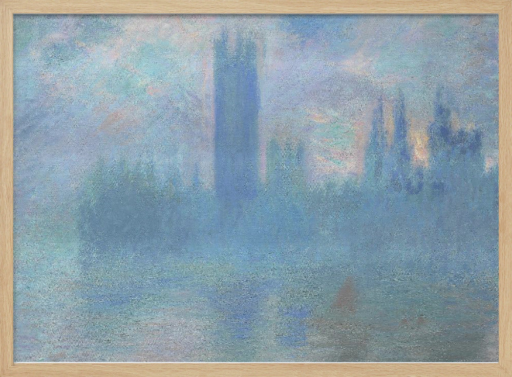 An impressionistic painting of the Houses of Parliament in London, shrouded in a dense blue and purple fog. The iconic Victoria Tower stands tall in the center, with the rest of the building's silhouette barely visible against a hazy sky with hints of sunrise. The scene is presented in a silver frame. Print
