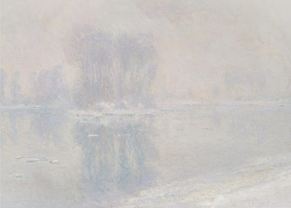 A framed impressionist painting of a hazy, winter landscape. The scene features a body of water with ice floes, and faint, blurred trees in the background, all rendered in soft, muted tones of pale blue, lavender, and grey. Decor