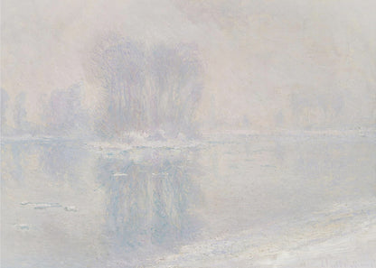 A framed impressionist painting of a hazy, winter landscape. The scene features a body of water with ice floes, and faint, blurred trees in the background, all rendered in soft, muted tones of pale blue, lavender, and grey. Decor