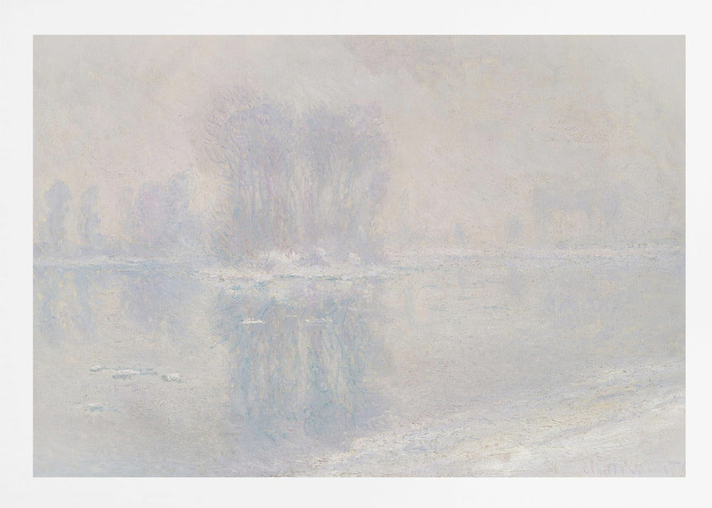 A framed impressionist painting of a hazy, winter landscape. The scene features a body of water with ice floes, and faint, blurred trees in the background, all rendered in soft, muted tones of pale blue, lavender, and grey. Decor