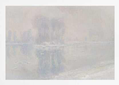 A framed impressionist painting of a hazy, winter landscape. The scene features a body of water with ice floes, and faint, blurred trees in the background, all rendered in soft, muted tones of pale blue, lavender, and grey. Decor