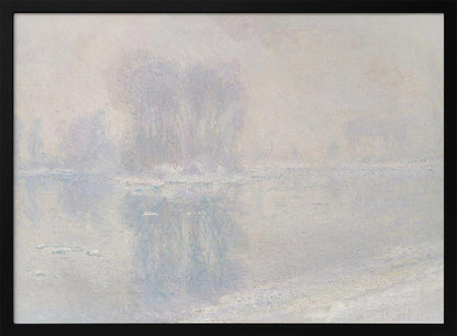 A framed impressionist painting of a hazy, winter landscape. The scene features a body of water with ice floes, and faint, blurred trees in the background, all rendered in soft, muted tones of pale blue, lavender, and grey. Decor
