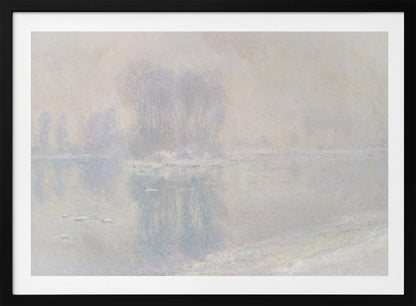 A framed impressionist painting of a hazy, winter landscape. The scene features a body of water with ice floes, and faint, blurred trees in the background, all rendered in soft, muted tones of pale blue, lavender, and grey. Decor