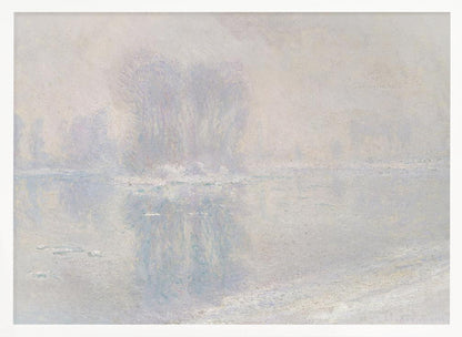 A framed impressionist painting of a hazy, winter landscape. The scene features a body of water with ice floes, and faint, blurred trees in the background, all rendered in soft, muted tones of pale blue, lavender, and grey. Decor
