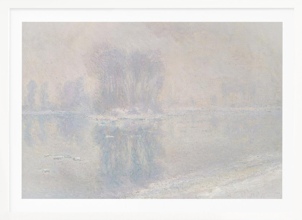A framed impressionist painting of a hazy, winter landscape. The scene features a body of water with ice floes, and faint, blurred trees in the background, all rendered in soft, muted tones of pale blue, lavender, and grey. Decor