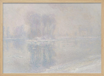 A framed impressionist painting of a hazy, winter landscape. The scene features a body of water with ice floes, and faint, blurred trees in the background, all rendered in soft, muted tones of pale blue, lavender, and grey. Decor