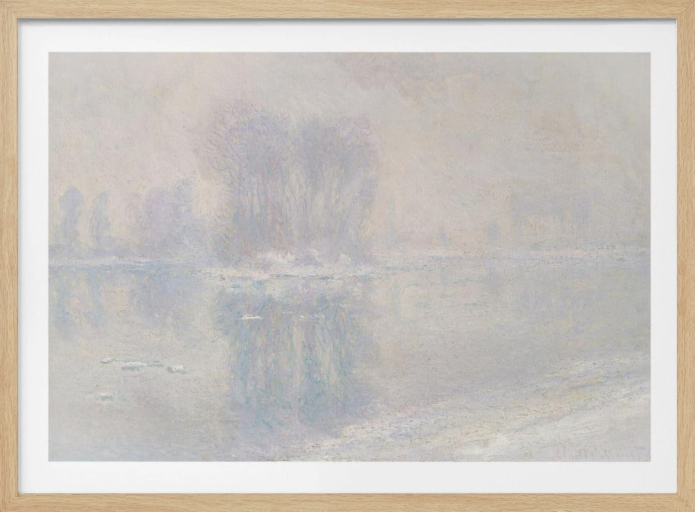 A framed impressionist painting of a hazy, winter landscape. The scene features a body of water with ice floes, and faint, blurred trees in the background, all rendered in soft, muted tones of pale blue, lavender, and grey. Decor