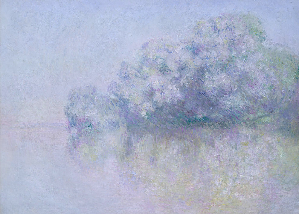 An impressionist painting in a silver frame, depicting a hazy, atmospheric landscape. A grove of trees, painted in soft strokes of purple, lavender, and blue, is reflected in the calm water below. The overall mood is serene and dreamlike due to the soft focus and blended pastel colors. Decor