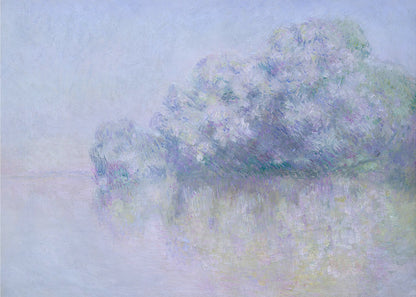 An impressionist painting in a silver frame, depicting a hazy, atmospheric landscape. A grove of trees, painted in soft strokes of purple, lavender, and blue, is reflected in the calm water below. The overall mood is serene and dreamlike due to the soft focus and blended pastel colors. Decor