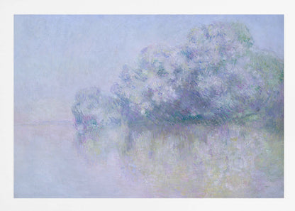 An impressionist painting in a silver frame, depicting a hazy, atmospheric landscape. A grove of trees, painted in soft strokes of purple, lavender, and blue, is reflected in the calm water below. The overall mood is serene and dreamlike due to the soft focus and blended pastel colors. Decor