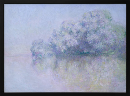 An impressionist painting in a silver frame, depicting a hazy, atmospheric landscape. A grove of trees, painted in soft strokes of purple, lavender, and blue, is reflected in the calm water below. The overall mood is serene and dreamlike due to the soft focus and blended pastel colors. Decor