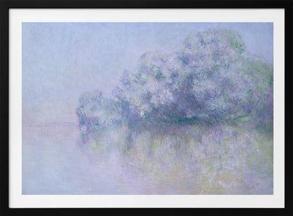 An impressionist painting in a silver frame, depicting a hazy, atmospheric landscape. A grove of trees, painted in soft strokes of purple, lavender, and blue, is reflected in the calm water below. The overall mood is serene and dreamlike due to the soft focus and blended pastel colors. Decor