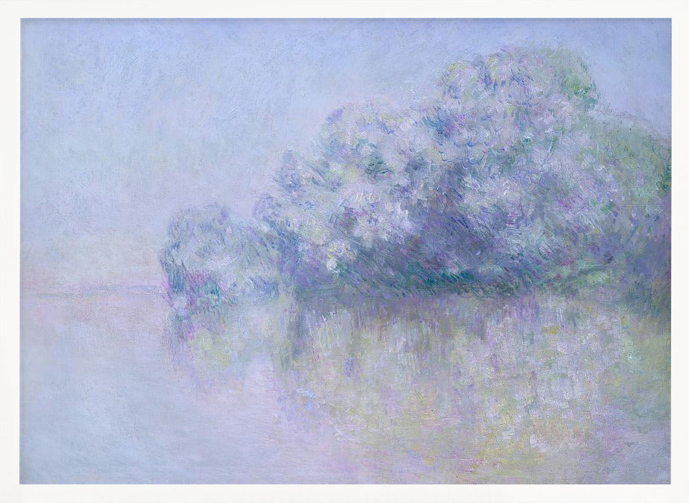 An impressionist painting in a silver frame, depicting a hazy, atmospheric landscape. A grove of trees, painted in soft strokes of purple, lavender, and blue, is reflected in the calm water below. The overall mood is serene and dreamlike due to the soft focus and blended pastel colors. Decor