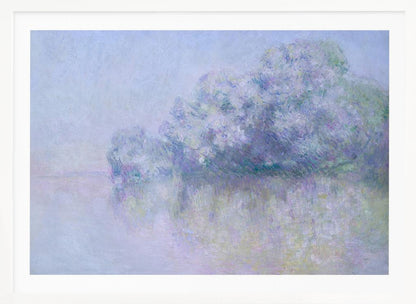 An impressionist painting in a silver frame, depicting a hazy, atmospheric landscape. A grove of trees, painted in soft strokes of purple, lavender, and blue, is reflected in the calm water below. The overall mood is serene and dreamlike due to the soft focus and blended pastel colors. Decor