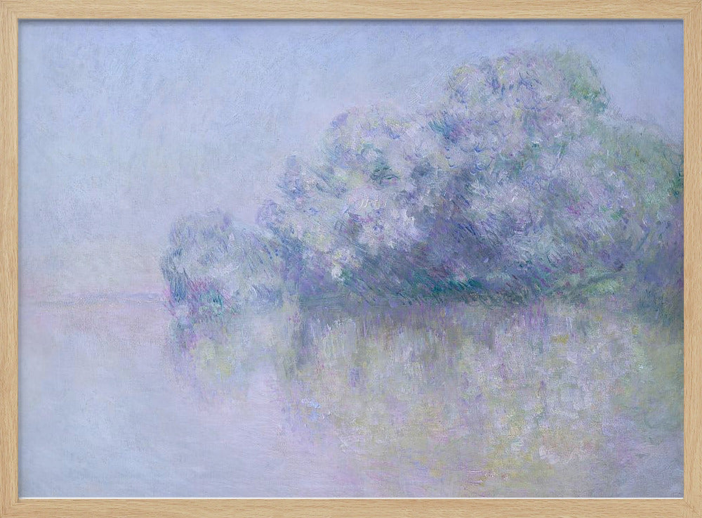 An impressionist painting in a silver frame, depicting a hazy, atmospheric landscape. A grove of trees, painted in soft strokes of purple, lavender, and blue, is reflected in the calm water below. The overall mood is serene and dreamlike due to the soft focus and blended pastel colors. Decor