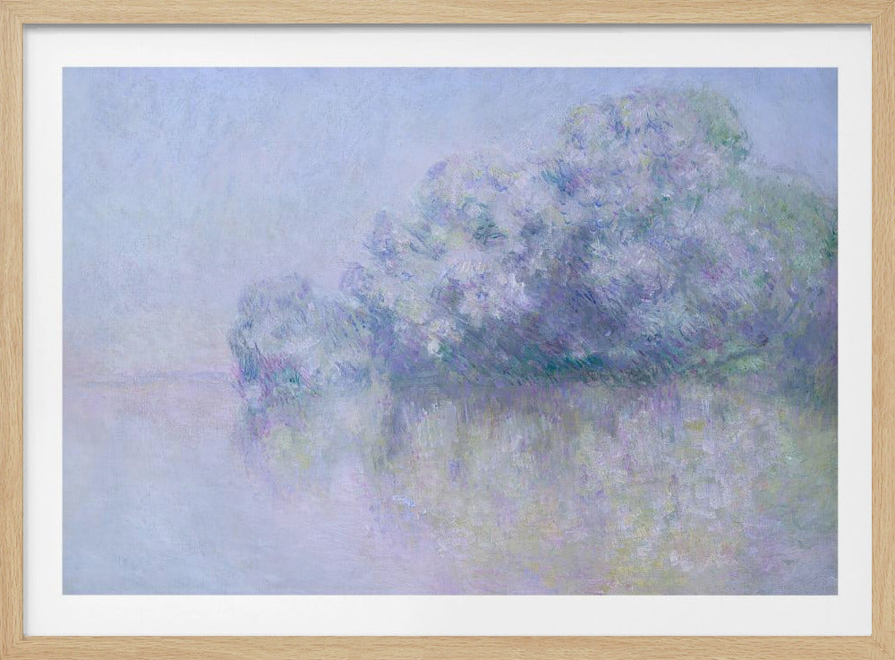 An impressionist painting in a silver frame, depicting a hazy, atmospheric landscape. A grove of trees, painted in soft strokes of purple, lavender, and blue, is reflected in the calm water below. The overall mood is serene and dreamlike due to the soft focus and blended pastel colors. Decor