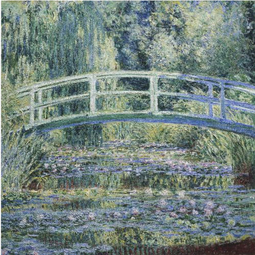 An Impressionist painting by Claude Monet, 'The Water Lily Pond', in a light wood frame. A pale green Japanese footbridge arches over a tranquil pond filled with pink and white water lilies, reflecting the lush green and blue foliage of weeping willows that surround it. Poster