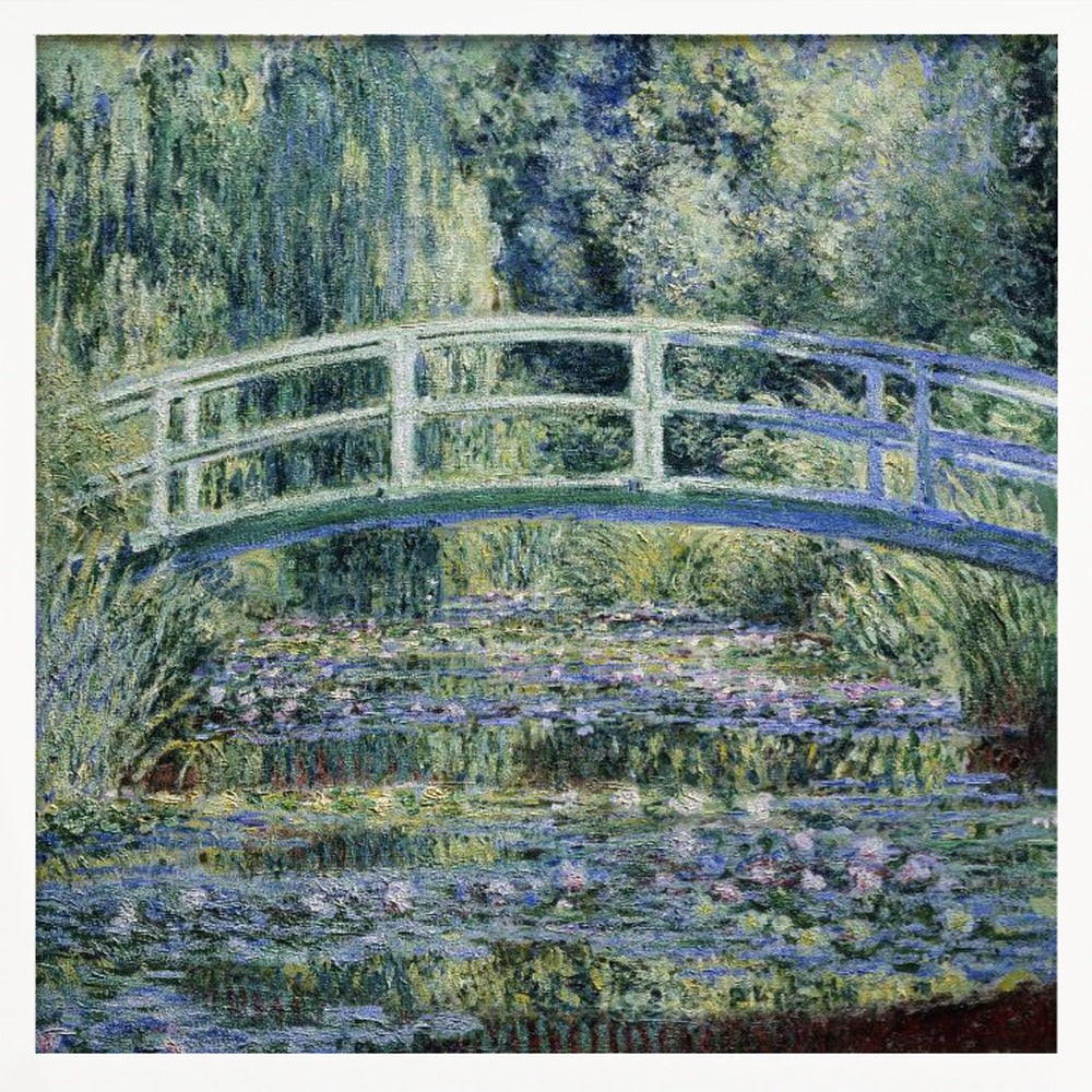 An Impressionist painting by Claude Monet, 'The Water Lily Pond', in a light wood frame. A pale green Japanese footbridge arches over a tranquil pond filled with pink and white water lilies, reflecting the lush green and blue foliage of weeping willows that surround it. Poster
