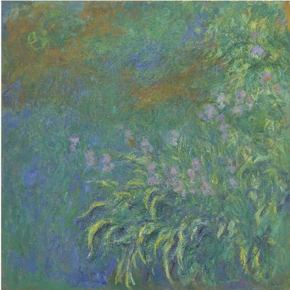 An impressionist painting by Claude Monet, 'The Artist's Garden at Giverny,' featuring a dense patch of purple irises amidst a sea of green and blue foliage, rendered with textured brushstrokes and set in a light wood frame. Print