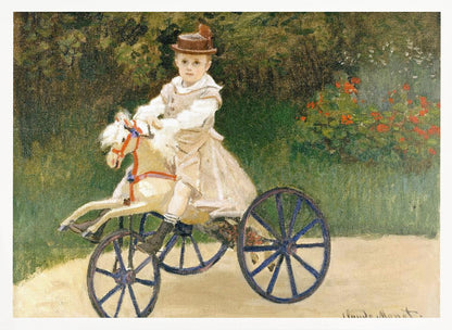 An Impressionist painting by Claude Monet depicting his son, Jean, riding a toy horse tricycle. The young boy wears a brown hat and a light-colored outfit, sitting on a white hobby horse with large blue wheels, set against a lush green garden background. Decor