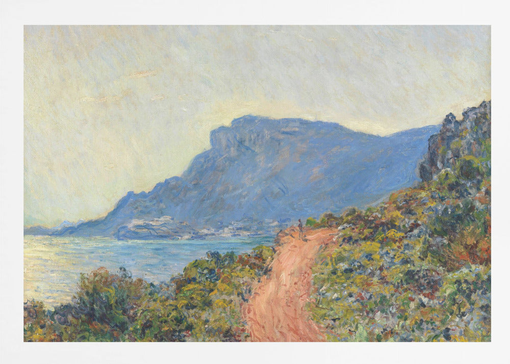 An Impressionist painting by Claude Monet titled 'Cap Martin, near Menton', depicting a sunlit coastal scene. A reddish-brown path winds along a vibrant, brush-covered cliff in the foreground, overlooking the blue Mediterranean Sea. A large, hazy blue mountain dominates the background under a pale yellow sky. Decor