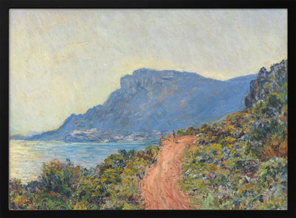 An Impressionist painting by Claude Monet titled 'Cap Martin, near Menton', depicting a sunlit coastal scene. A reddish-brown path winds along a vibrant, brush-covered cliff in the foreground, overlooking the blue Mediterranean Sea. A large, hazy blue mountain dominates the background under a pale yellow sky. Decor