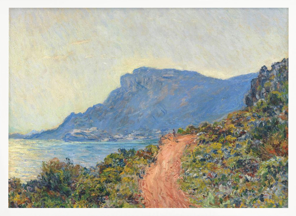 An Impressionist painting by Claude Monet titled 'Cap Martin, near Menton', depicting a sunlit coastal scene. A reddish-brown path winds along a vibrant, brush-covered cliff in the foreground, overlooking the blue Mediterranean Sea. A large, hazy blue mountain dominates the background under a pale yellow sky. Decor
