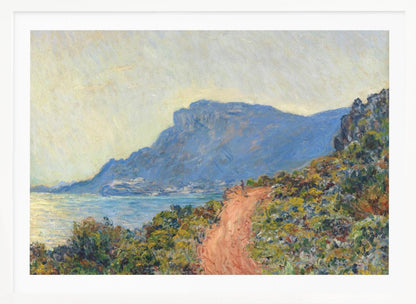 An Impressionist painting by Claude Monet titled 'Cap Martin, near Menton', depicting a sunlit coastal scene. A reddish-brown path winds along a vibrant, brush-covered cliff in the foreground, overlooking the blue Mediterranean Sea. A large, hazy blue mountain dominates the background under a pale yellow sky. Decor